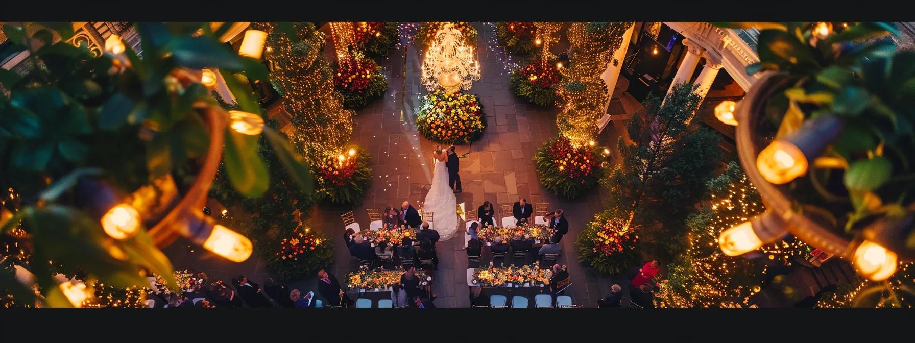 a breathtaking aerial view of a romantic philadelphia wedding ceremony, adorned with lush floral arrangements and illuminated by soft, golden evening light.