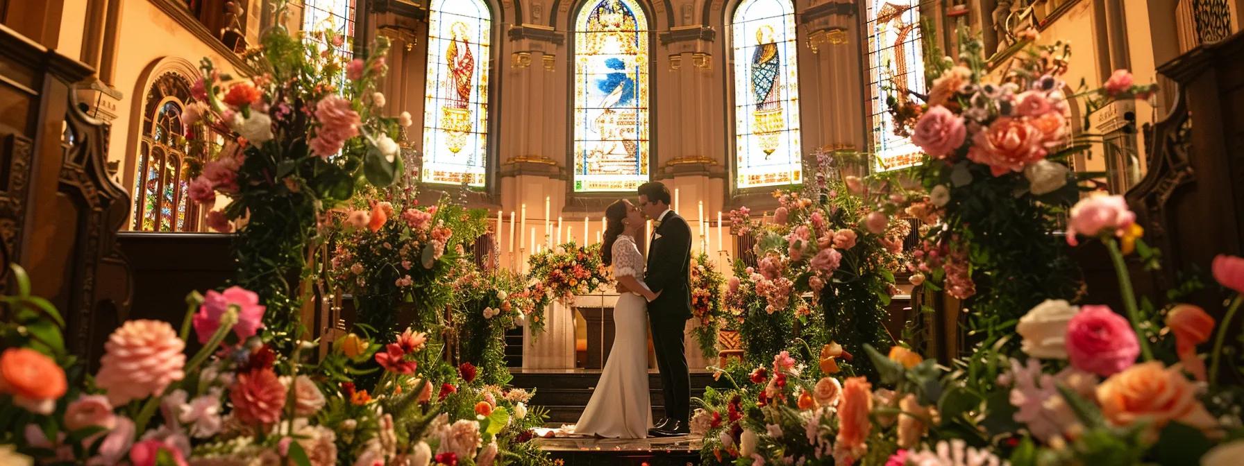 a captivating scene of a philadelphia wedding videographer capturing the joyful moments of a couple exchanging vows against a backdrop of historic architecture and vibrant floral arrangements, illuminated by soft golden sunset light.