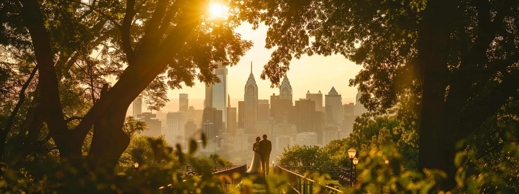 a radiant philadelphia wedding photographer captures a vibrant couple framed by the iconic skyline, surrounded by lush greenery, with soft golden sunlight filtering through the leaves.